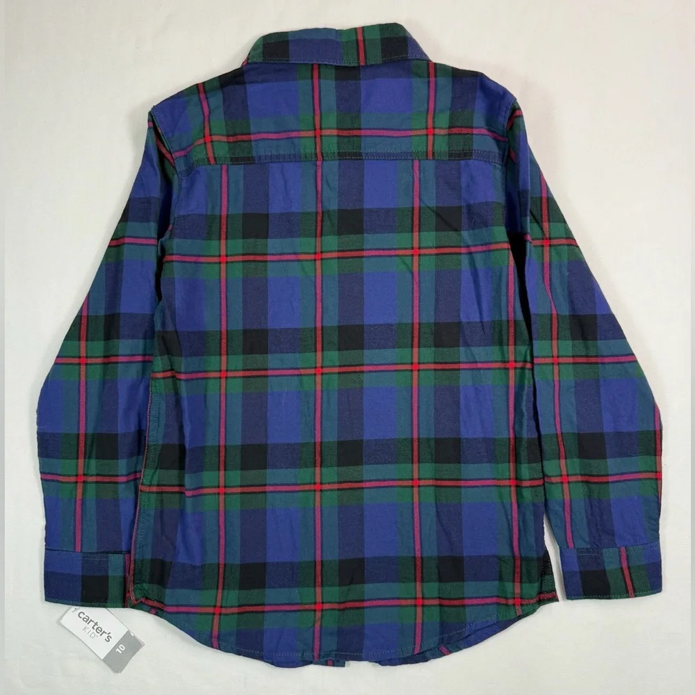 NWT CARTER'S Boys' Blue‎ & Green Tartan Plaid Long Sleeve Casual Button Down 10